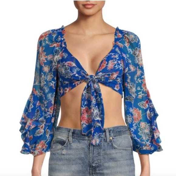 NWOT Misa Los Angeles Ancora Floral Tie Crop Top, Red, White, Blue, Sheer, Small - Picture 5 of 16